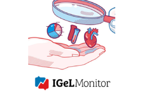 Das Logo des IGeL-Monitors: Eine Hand hält symbolisch ein Herz (Organ), Reagenzgläser und ein Tortenmodell (Statistik): Eine andere Hand hält eine Lupe darüber